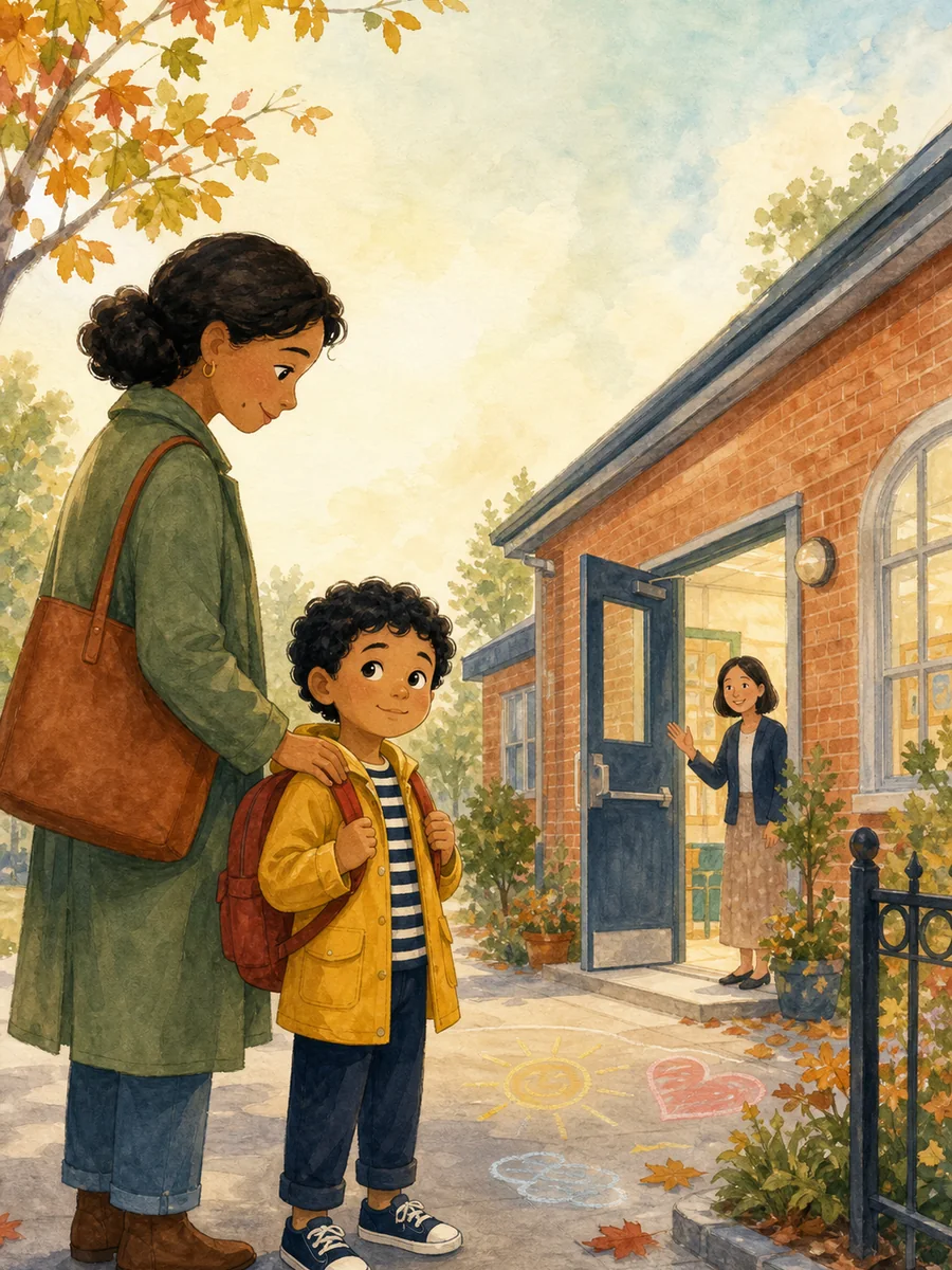 Milo standing in a warm illustrated school-morning scene